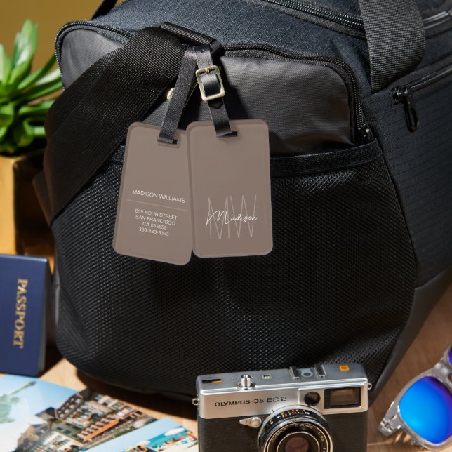 Modern Monogram Script Name Taupe Luggage Tag (Front & Back)