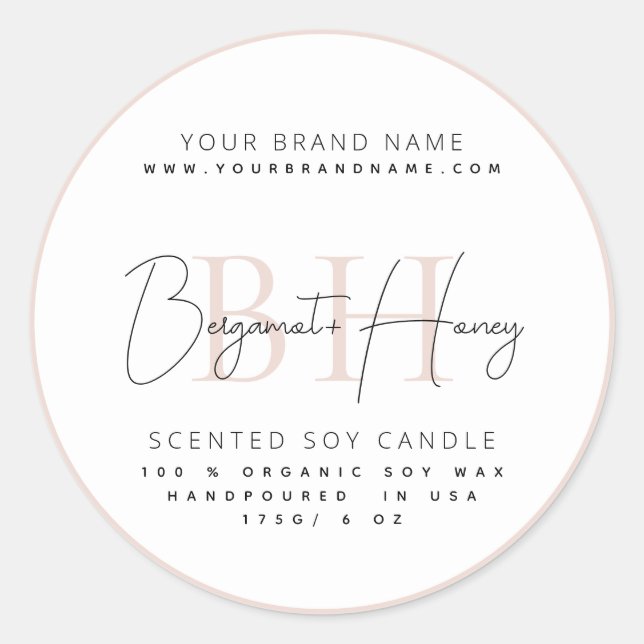 Modern monogram script pink border candle label (Front)