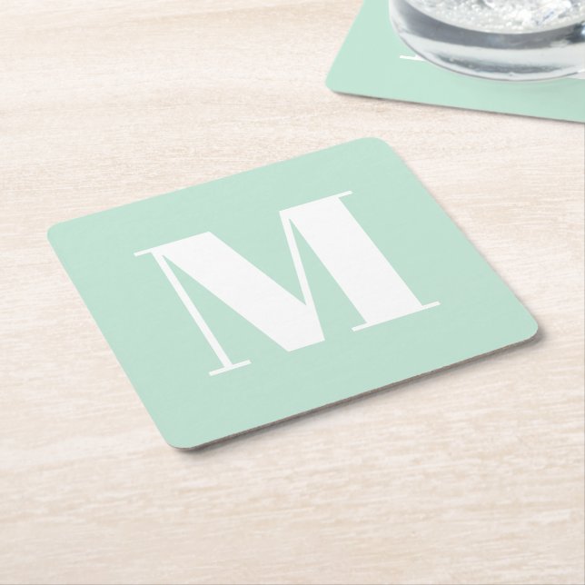Modern monogram seafoam mint green custom initial  square paper coaster (Angled)