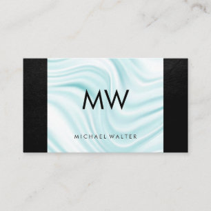 Modern Monogram Silk Drapery   Black Leather Business Card
