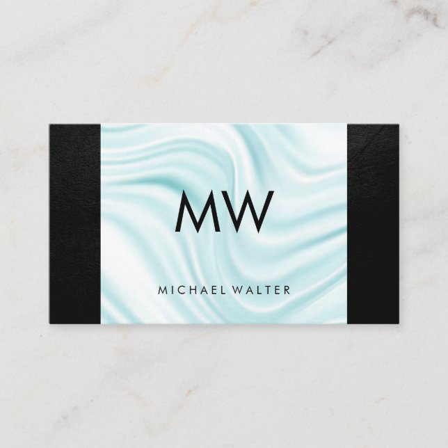Modern Monogram Silk Drapery | Black Leather Business Card (Front)