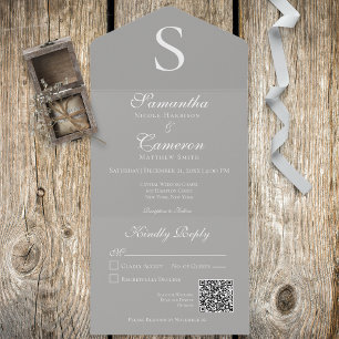 Modern Monogram Silver Grey QR Code All In One Invitation