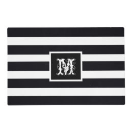 Modern Monogram Simple Chic Black And White Stripe Laminated Place Mat