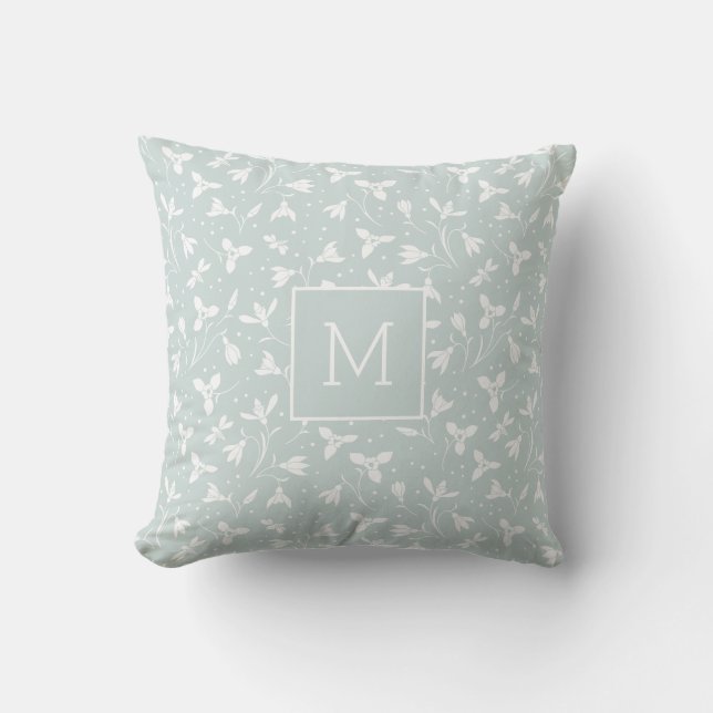 Modern Monogram Snowdrop Pattern. Light Sage Green Cushion (Front)