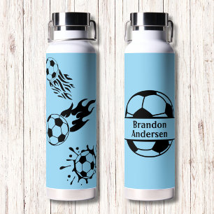 Modern Monogram Soccer Lover Blue Black Water Bottle