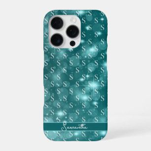 Modern Monogram Sparkle Ocean Blue iPhone 16 Pro Case