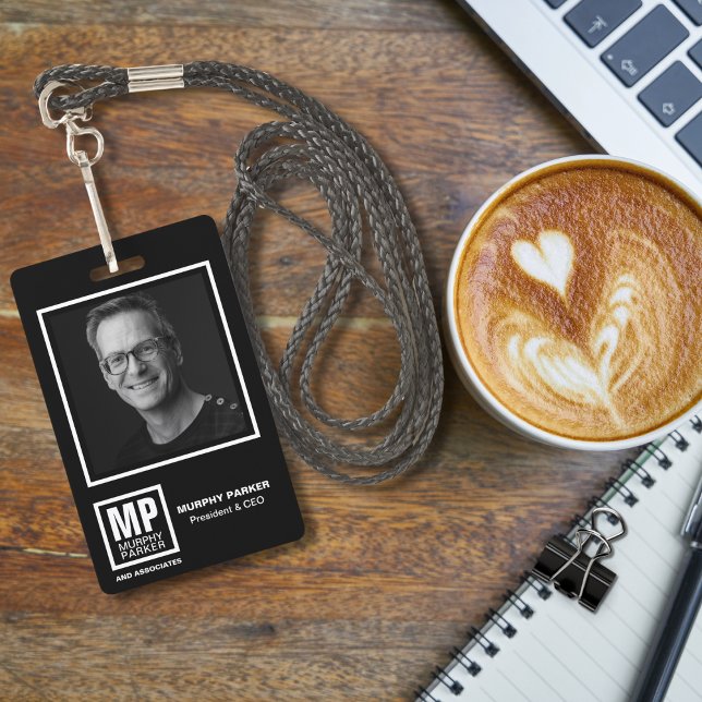 Modern Monogram Square Logo Black White Photo ID Badge (Creator Uploaded)