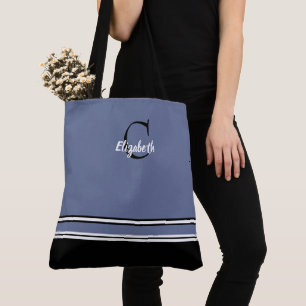 Modern Monogram Stripes Black Blue Tote Bag