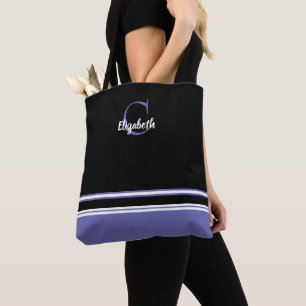 Modern Monogram Stripes Black Periwinkle Tote Bag