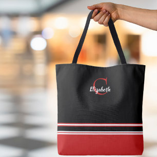 Modern Monogram Stripes Black Red Tote Bag