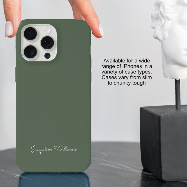 Modern Monogram Stylish Minimalist Script Green iPhone Case (Personalized iPhone case in green with white font.)