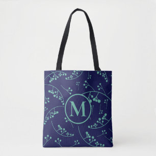 Modern monogram teal turquoise berry pattern tote bag