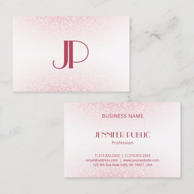 Modern Monogram Template Pink Rose Gold Glitter Business Card (Front/Back)