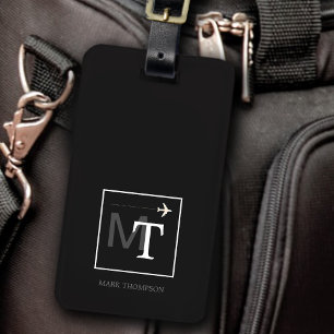 Modern monogram (traveller name + initials) black luggage tag