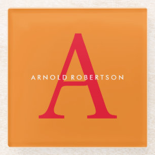 Modern Monogram Trendy Orange Red Glass Coaster