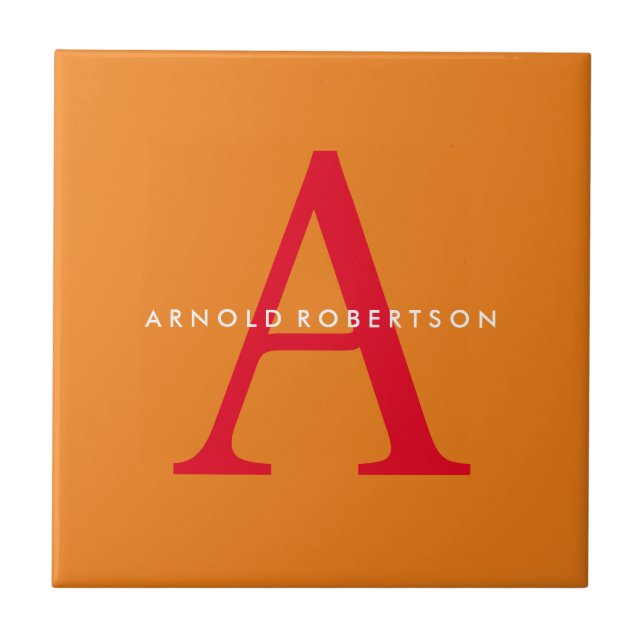 Modern Monogram Trendy Orange Red Tile (Front)