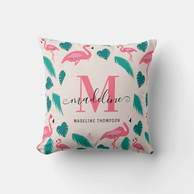 Modern Monogram Tropical Leaves Hot Pink Flamingo Cushion (Front)