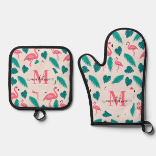 Modern Monogram Tropical Leaves Hot Pink Flamingo Oven Mitt & Pot Holder Set