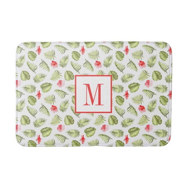 Modern Monogram Tropical Palm Leaves Pattern  Bath Mat (Front)