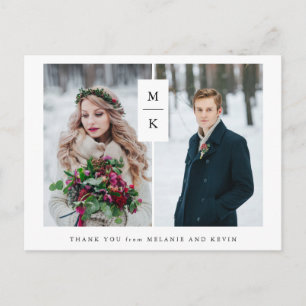 Modern Monogram Two Photo Wedding Thank You Postcard
