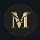 Modern monogram typography gold black   round clock<br><div class="desc">Modern monogram typography gold black</div>