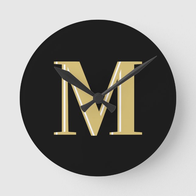 Modern monogram typography gold black   round clock (Front)