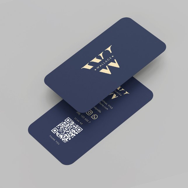 Modern Monogram W Initial Professional Dark Blue  Business Card (Modern Monogram Logo W Initial Professional Marketing QR Dark Blue Gold Business Card
)