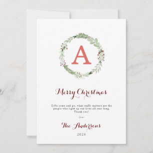 Modern Monogram Watercolor Christmas Wreath Photo Holiday Card