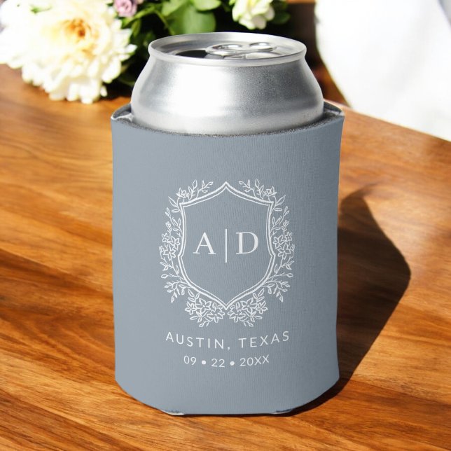 Modern Monogram Wedding Dusty Blue Crest Can Cooler (Creator Uploaded)