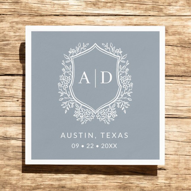 Modern Monogram Wedding Dusty Blue Crest Napkin (Creator Uploaded)