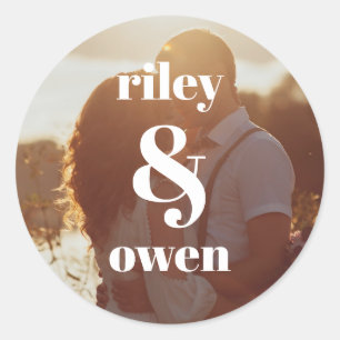 Modern Monogram Wedding Engagement Couple Photo Classic Round Sticker