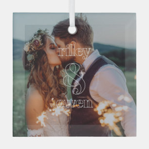 Modern Monogram Wedding Engagement Couple Photo Glass Tree Decoration