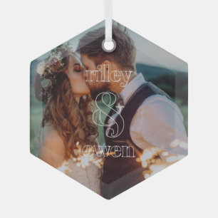 Modern Monogram Wedding Engagement Couple Photo Glass Tree Decoration