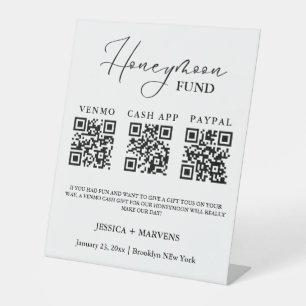 Modern Monogram  wedding honeymoon fund QR code  Pedestal Sign