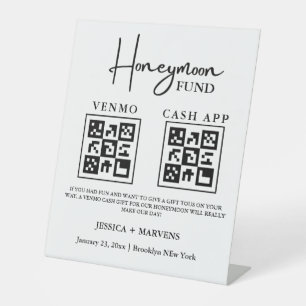 Modern Monogram wedding honeymoon fund QR code Pedestal Sign
