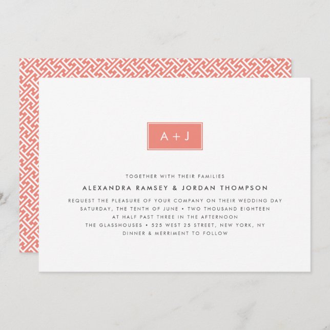Modern Monogram Wedding Invitation | Coral (Front/Back)