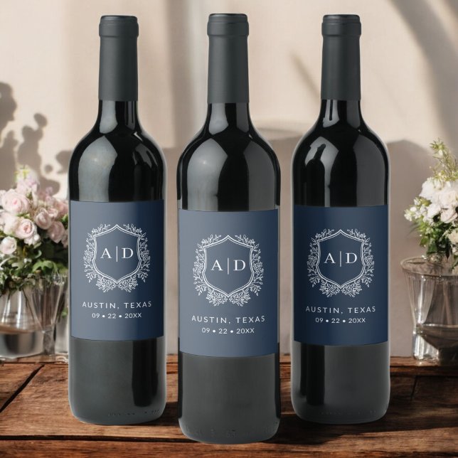 Modern Monogram Wedding Navy Blue Crest Wine Label (Creator Uploaded)