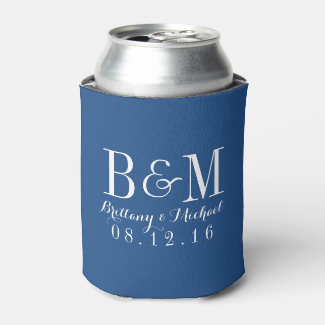 Modern Monogram Wedding Navy Can Cooler (Can Front)