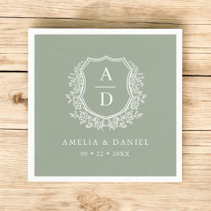 Modern Monogram Wedding Sage Green Crest Napkin