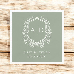 Modern Monogram Wedding Sage Green Crest Napkin