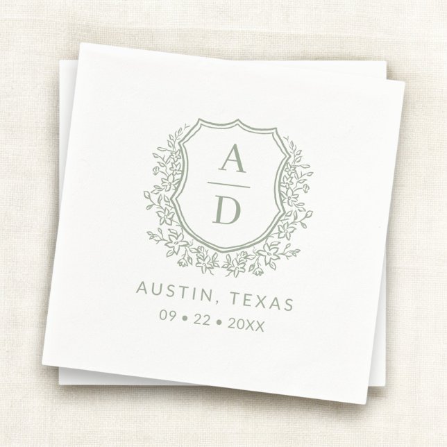 Modern Monogram Wedding Sage Green Crest Napkin (Creator Uploaded)