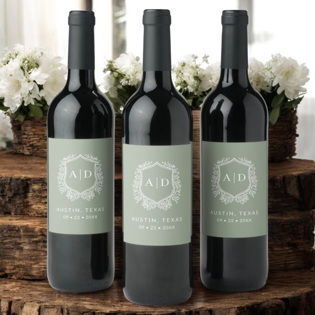 Modern Monogram Wedding Sage Green Crest Wine Label (Creator Uploaded)
