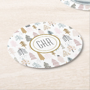 Modern Monogram, Whimsical Winter Trees Round Paper Coaster