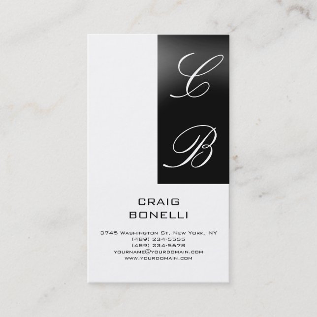 Modern Monogram White Black Plain Business Card (Front)