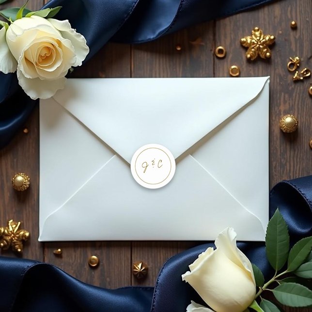 Modern Monogram White Gold Wedding  Classic Round Sticker (Modern Monogram White Gold Wedding Classic Round Sticker.)