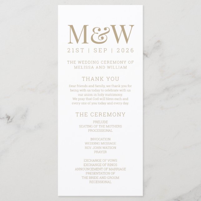 Modern Monogram White Gold Wedding Programme (Front)