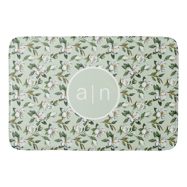 Modern Monogram White Magnolia  Bath Mat (Front)