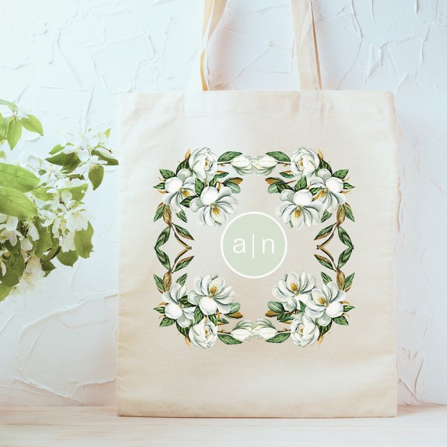 Modern Monogram White Magnolia  Tote Bag (Creator Uploaded)