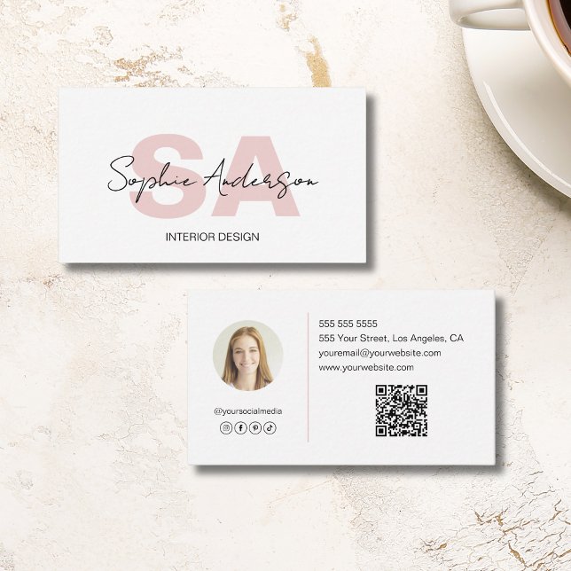Modern Monogram White Pink Professional Business Card (Modern Monogram White Pink Professional Business Card)