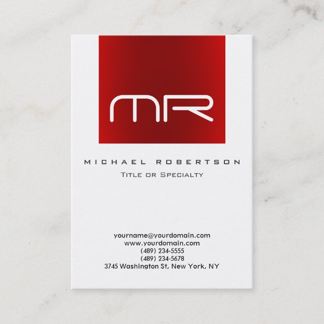 Modern Monogram White Red Business Card (Front)